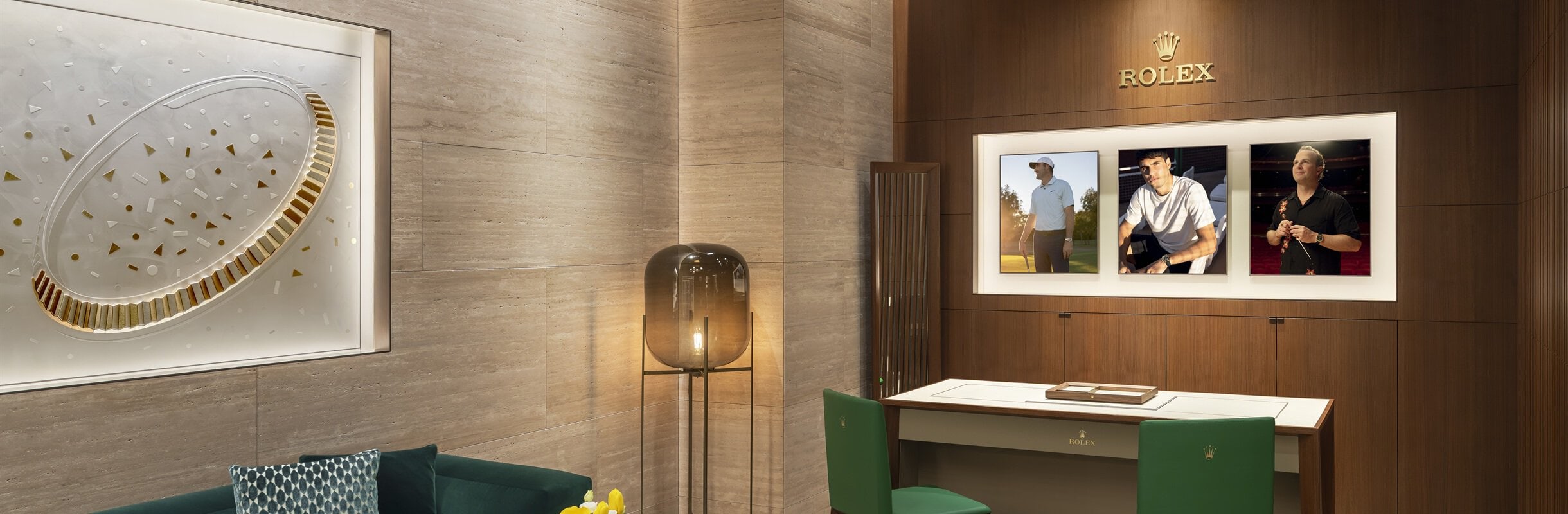 Luxury showroom interior with artwork.